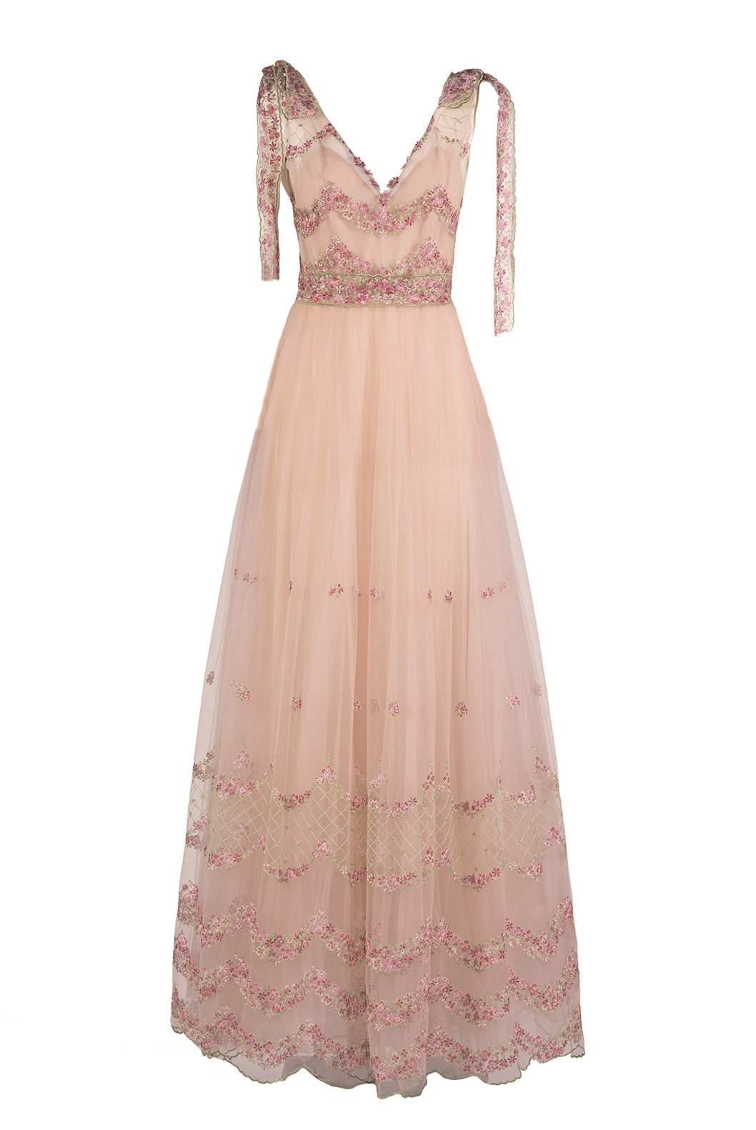 Luisa Beccaria  Flower Embroidered Tulle Maxi Gown