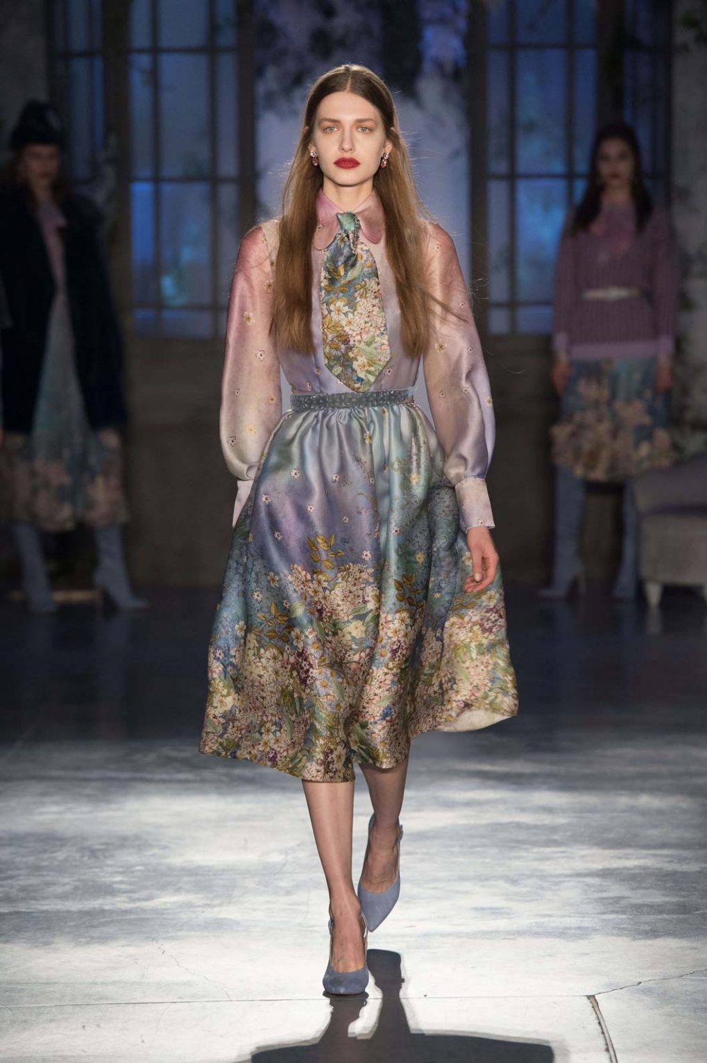 Luisa Beccaria | Floral Print Silk Organza Pussy Bow Dress