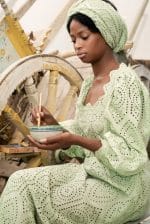 Bell Sleeves Broderie-Cotton Green Eyelet Dress