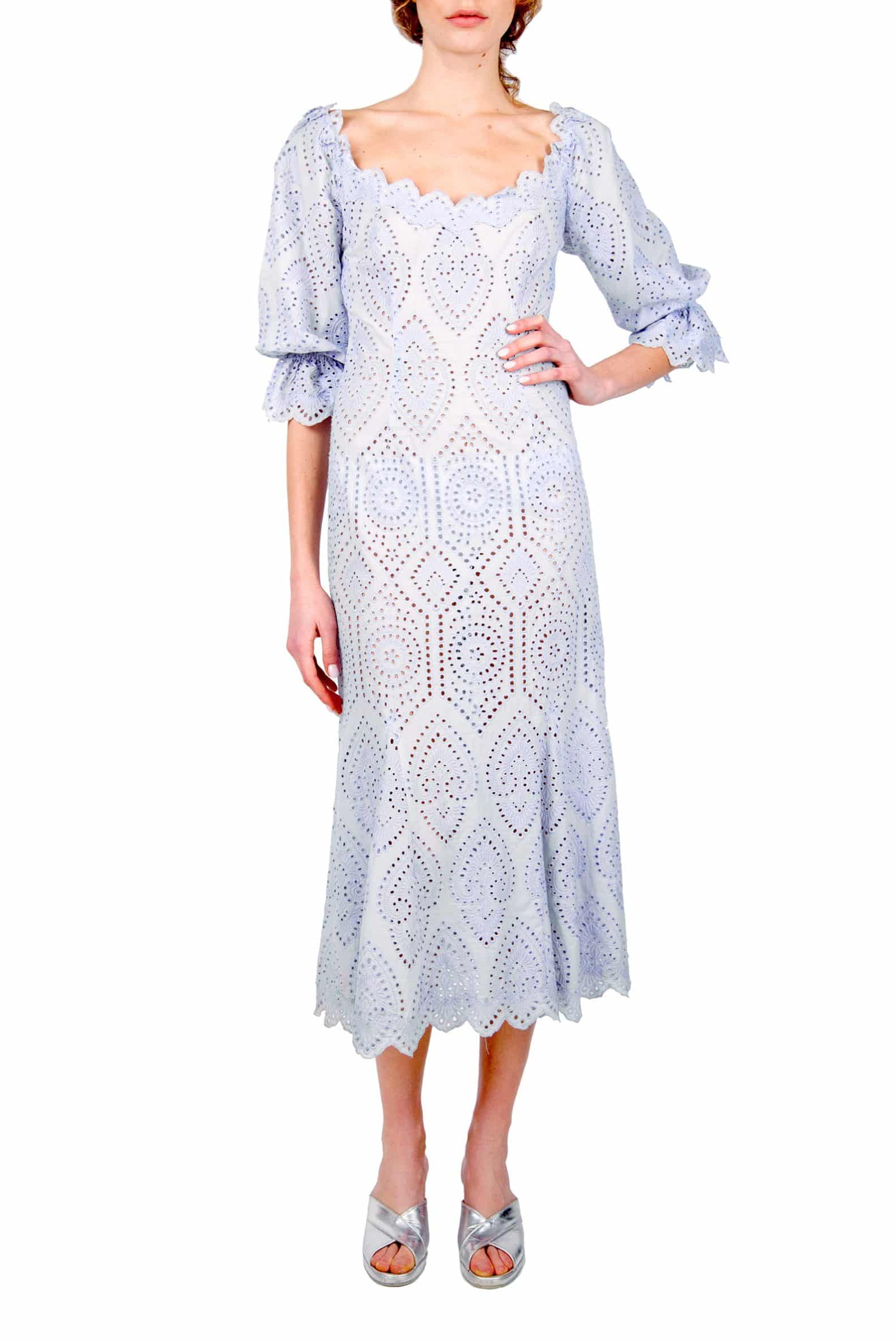 Bell Sleeves Broderie-Cotton Liliac Eyelet Dress