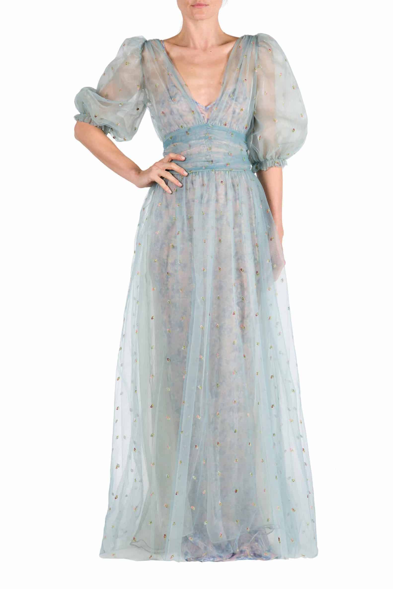 Embroidered Tulle Long Sleeve Gown