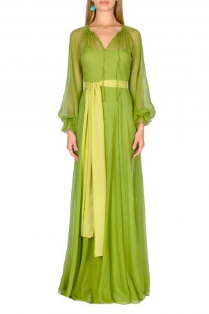 Luisa Beccaria | Lime Green Pleated Dress with Sash