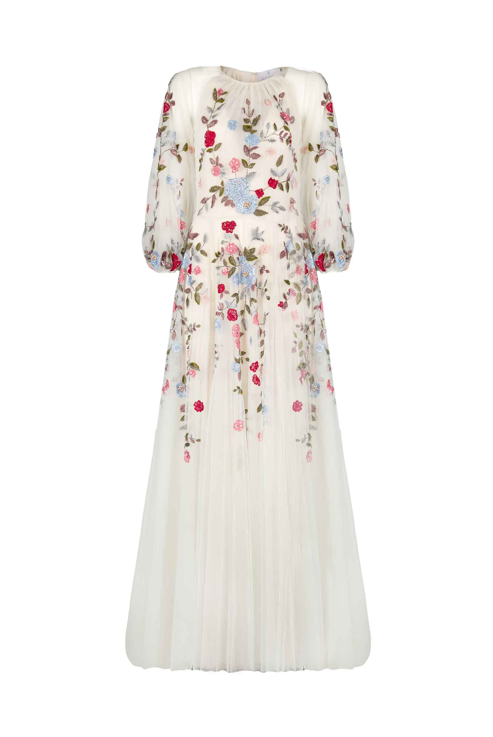 Luisa Beccaria  Flower Embroidered Tulle Maxi Gown