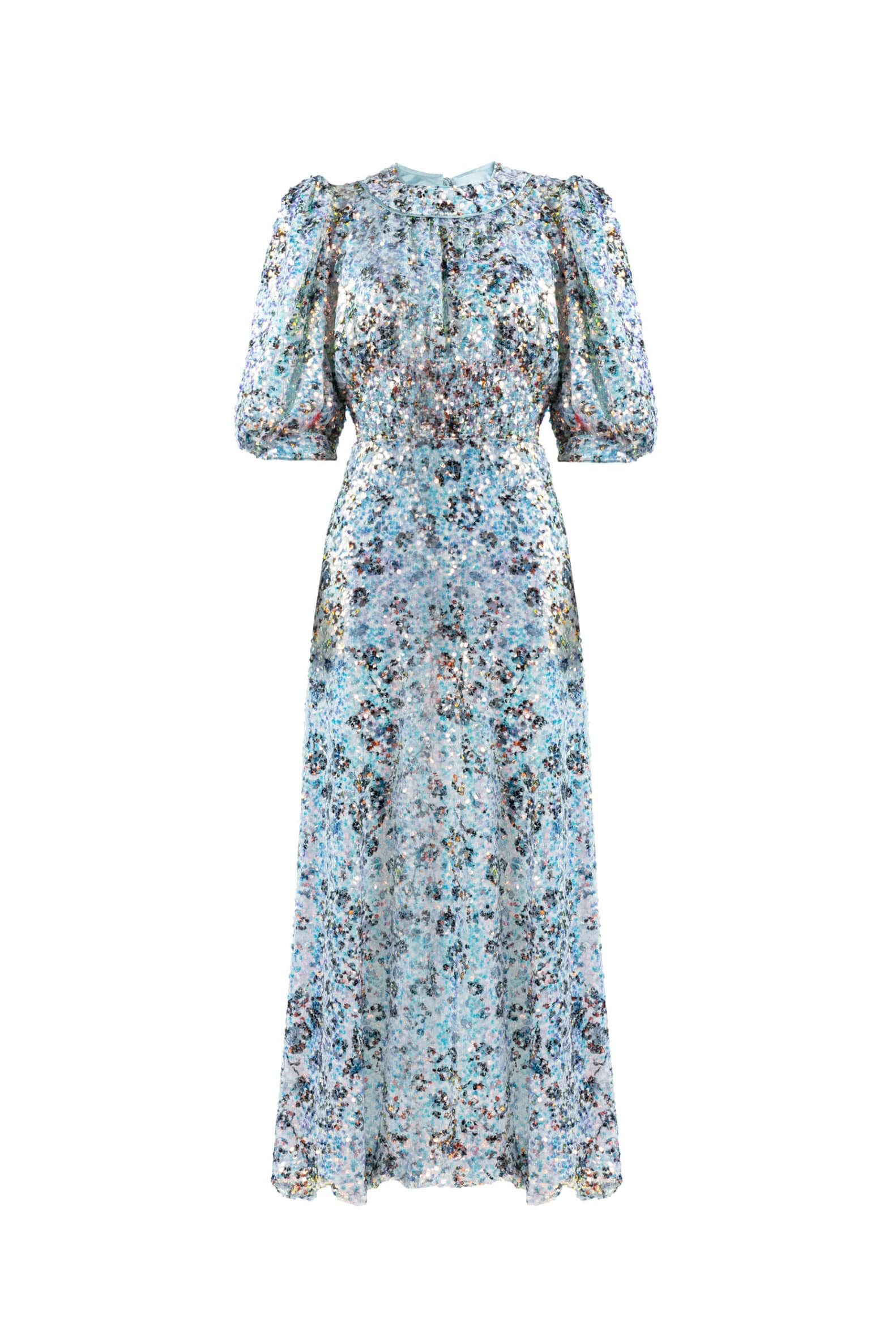 Printed Sequin Dress With Puffed Sleeves - 40