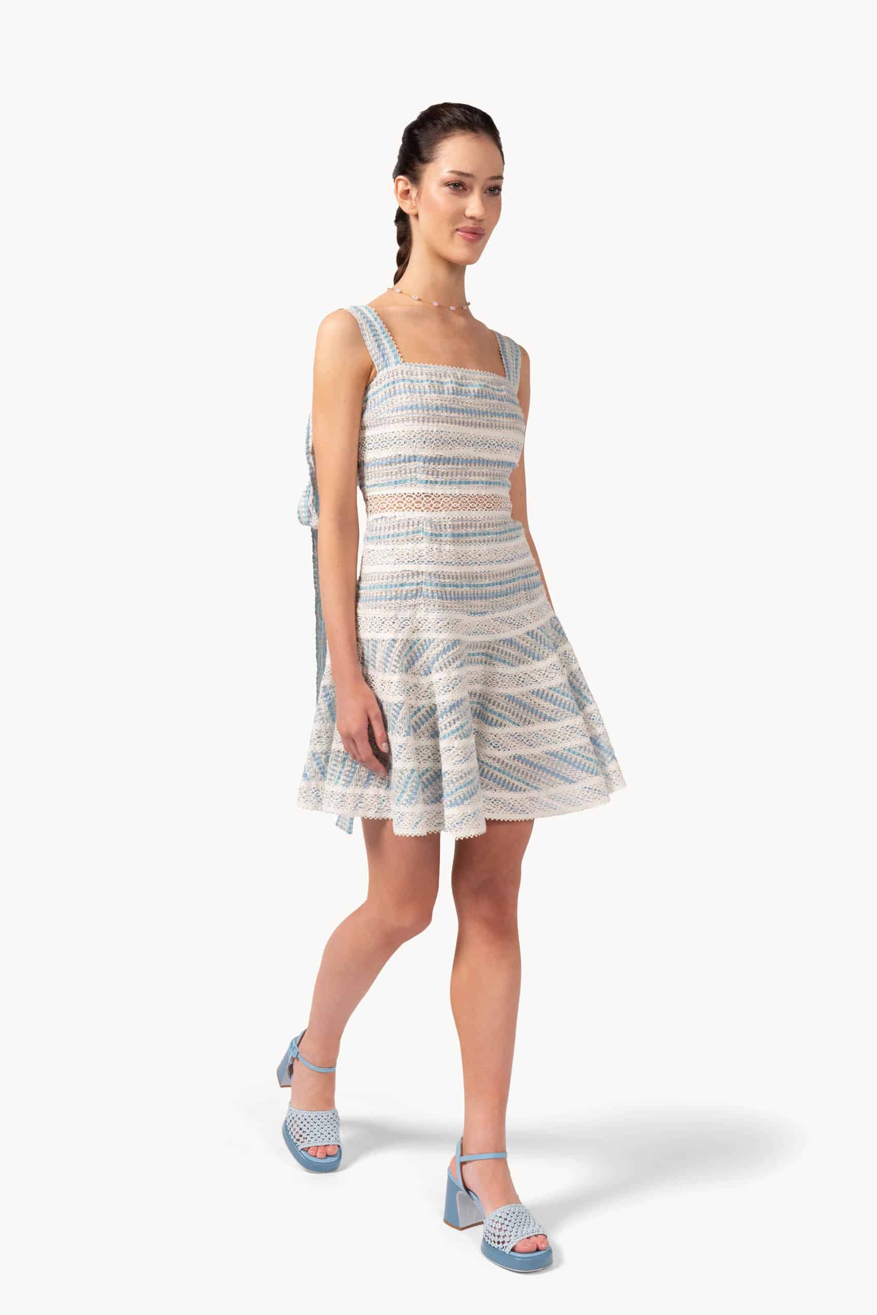 Short Stripy Dress In Jacquard Cotton & Lace - Image 3