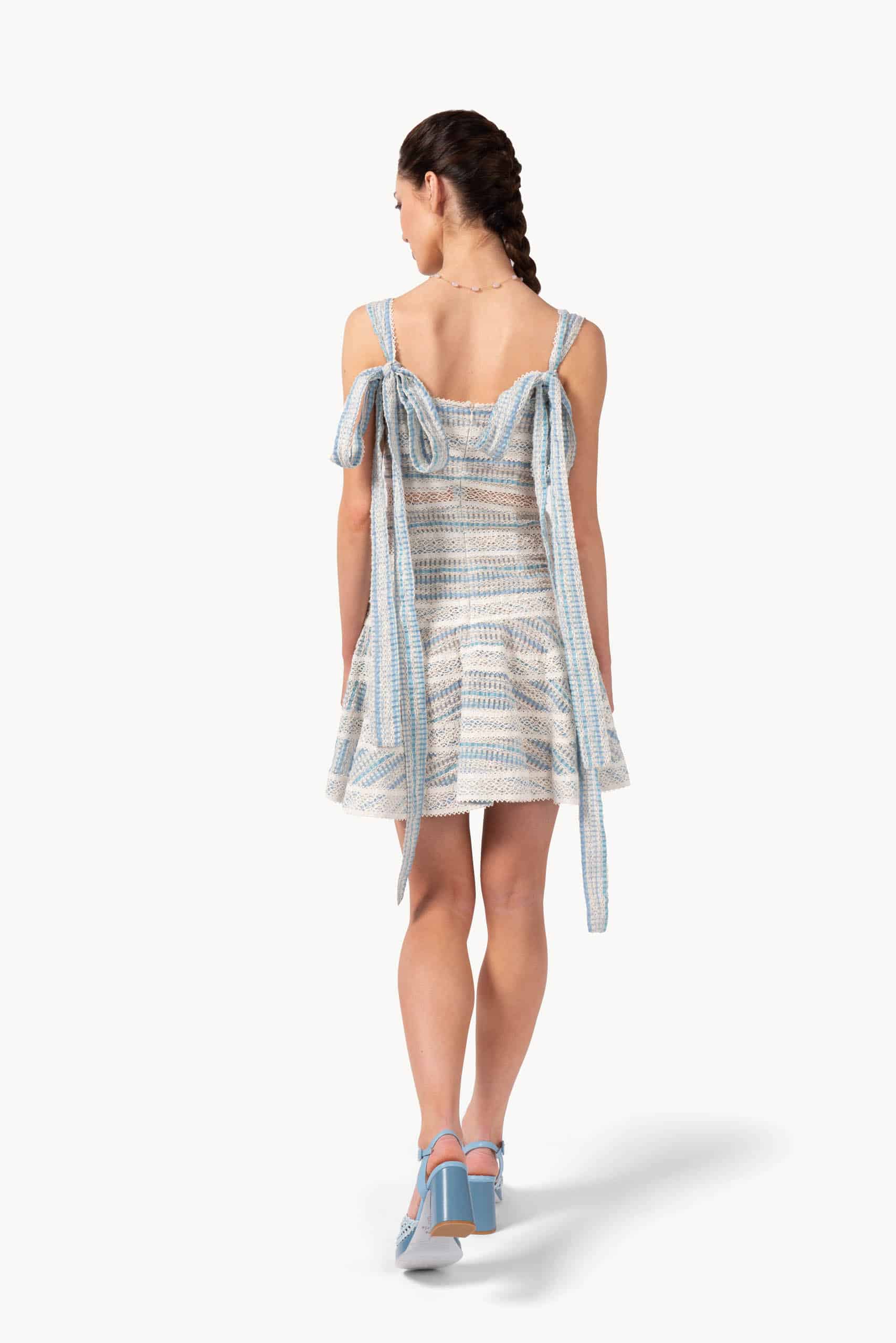 Short Stripy Dress In Jacquard Cotton & Lace - Image 4
