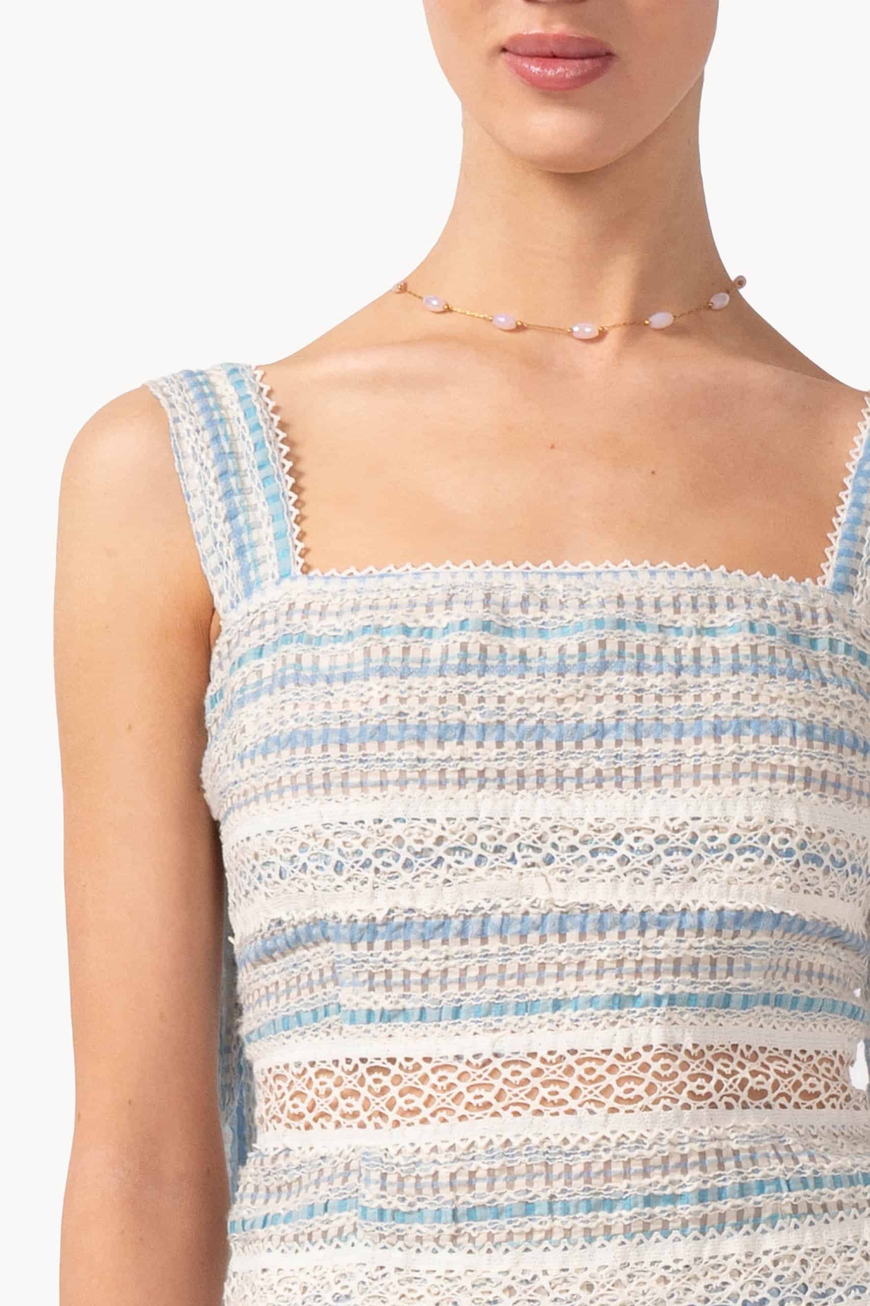 Short Stripy Dress In Jacquard Cotton & Lace - Image 5